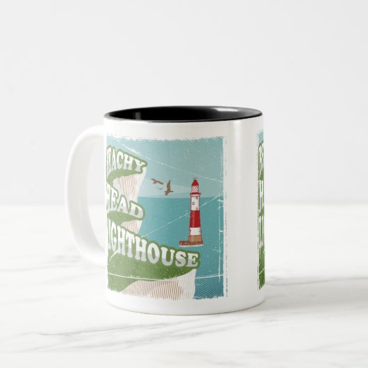Leuchtturm mit Strandkopf Retroposter Zweifarbige Tasse (Vorderseite Links)