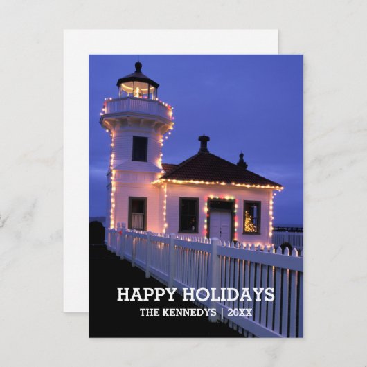 Leuchtturm mit Weihnachtslichtern Feiertagspostkarte (Vorne/Hinten)