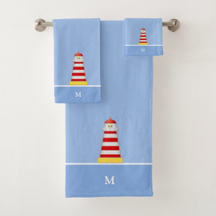 Leuchtturm & Monogramm auf Hellblau Badhandtuch Set
