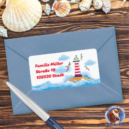 Leuchtturm & Möwen - handgemalt | maritimer Adressaufkleber
