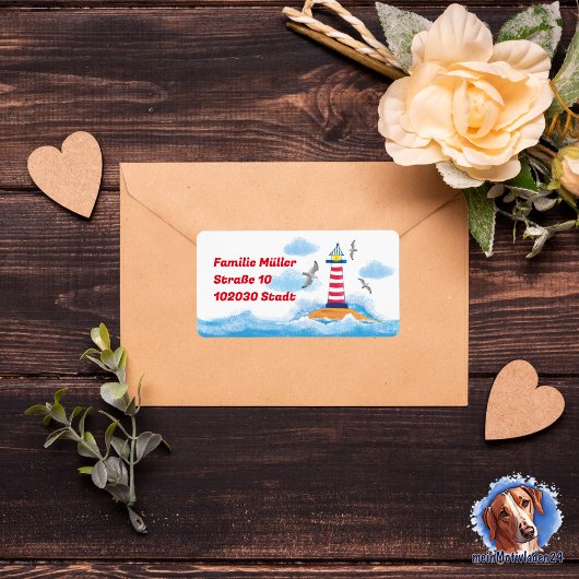 Leuchtturm & Möwen - handgemalt | maritimer Adressaufkleber