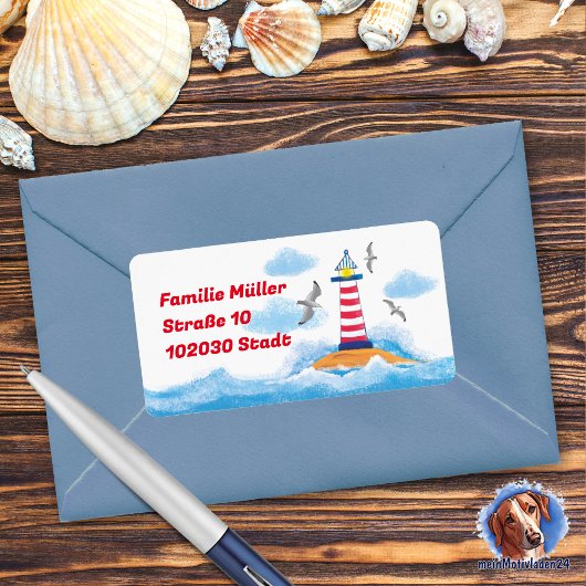 Leuchtturm & Möwen - handgemalt | maritimer Adressaufkleber