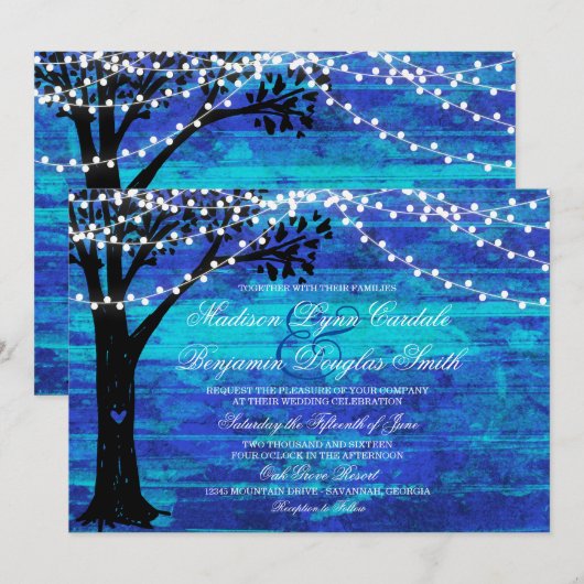 Leuchtturm Oak Tree Blue Wedding Einladungen (Vorne/Hinten)
