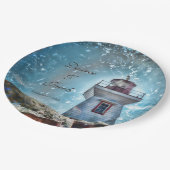 Leuchtturm Ozean Blue Nautical Rustic Coastal Pappteller (Schrägansicht)