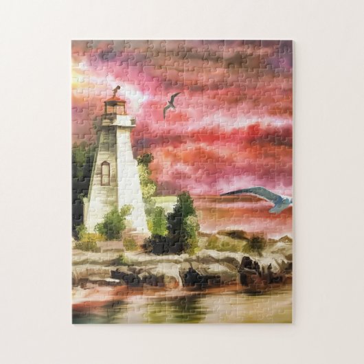 Leuchtturm-Ozean-Küste am Sonnenuntergang, Puzzle (Vertikal)