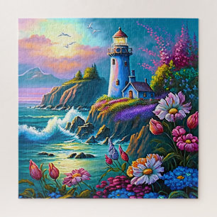 Leuchtturm Ozeanwellen Bunte Blumen Puzzle
