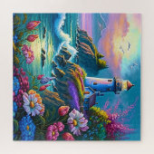 Leuchtturm Ozeanwellen Farbenfrohe Blume Puzzle (Horizontal)