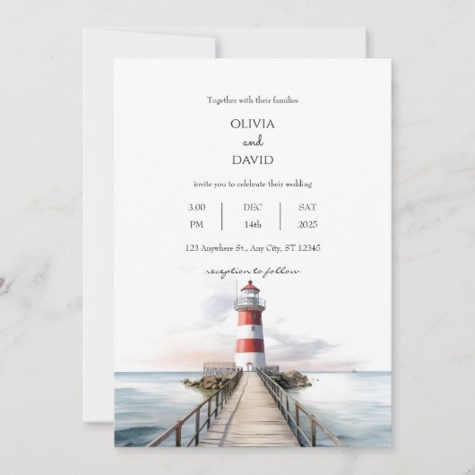 Leuchtturm Pier Ozeanlandschaft Schöne Hochzeit Einladung (Vorderseite)