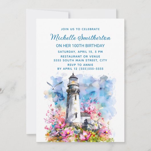Leuchtturm Pink Blume 100. Geburtstag Einladung (Vorderseite)