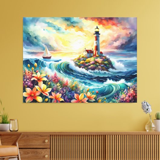 Leuchtturm Sailboat Floral Beauty Wasserfarbe Leinwanddruck (Insitu (Wohnzimmer))