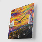Leuchtturm & Sailboat im Sunset Ocean Quadratische Wanduhr (Winkel)