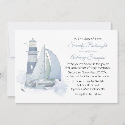 Leuchtturm Sailboat Wasserfarbe Schöne Hochzeit Einladung (Vorderseite)