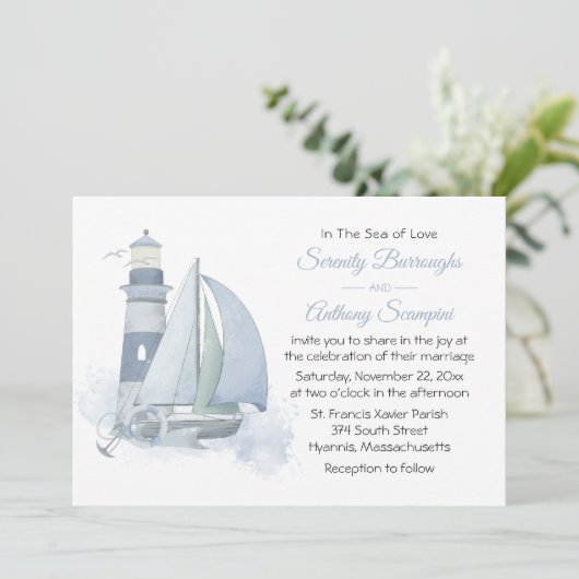 Leuchtturm Sailboat Wasserfarbe Schöne Hochzeit Einladung (Stehend Vorderseite)