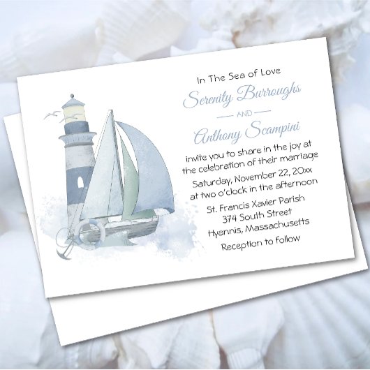 Leuchtturm Sailboat Wasserfarbe Schöne Hochzeit Einladung