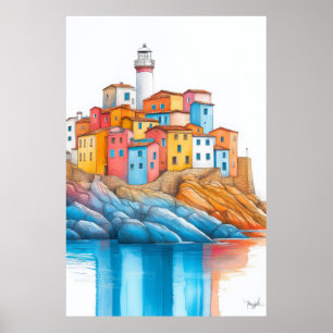 Leuchtturm Seakoast Illustration Pastel Zeichnend Poster