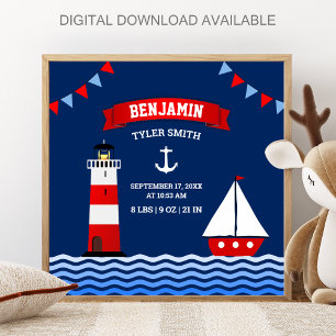 Leuchtturm-Segelboot-Marine-Baby-Junge-Geburtsstat Poster