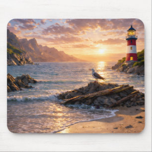 Leuchtturm Sonnenuntergang Möwe Strand Mauspad