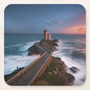 Leuchtturm-Sonnenuntergang Plouzané Finistère, Rechteckiger Pappuntersetzer