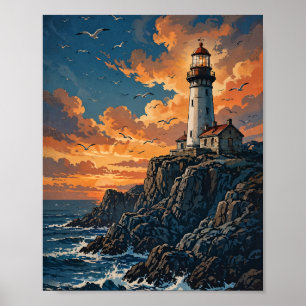 Leuchtturm Sonnenuntergang Seelandschaft Vintage R Poster