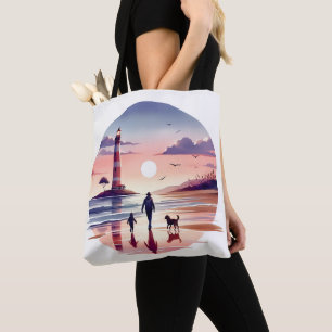 Leuchtturm-Sonnenuntergang-Spaziergang Küstenlands Tasche