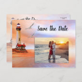 Leuchtturm-Strand-Save the Date Foto-Karte Ankündigungspostkarte (Vorne/Hinten)