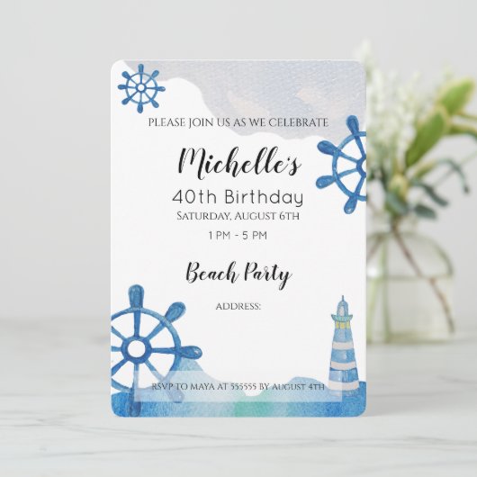 Leuchtturm Strand Wasserfarbe Handbemalte Einladun Einladung (Stehend Vorderseite)