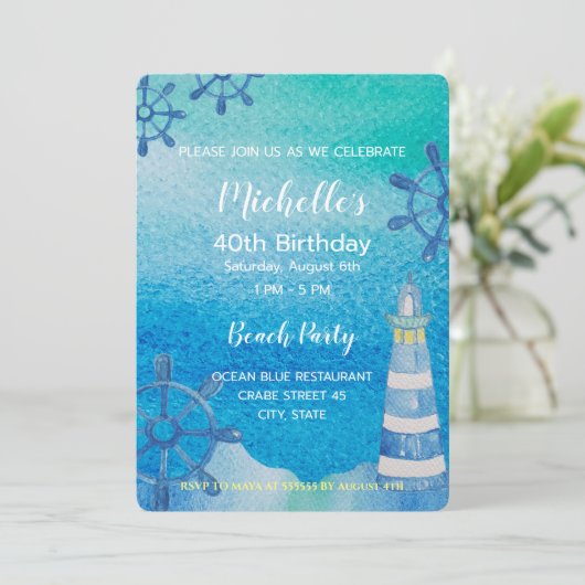 Leuchtturm Strand Wasserfarbe Handbemalte Einladun Einladung (Stehend Vorderseite)