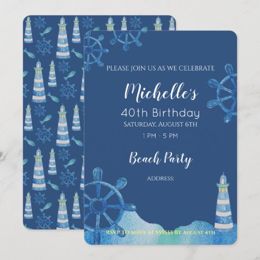 Leuchtturm Strand Wasserfarbe Handbemalte Einladun Einladung (Vorne/Hinten)