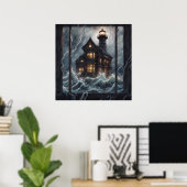 Leuchtturm stürmische Nacht Poster (Heimbüro)