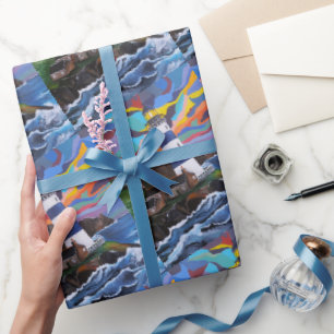Leuchtturm über den Wellen Gemälde von Alfred Fox Geschenkpapier