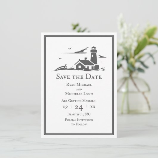 Leuchtturm und Boot Nautical Sea Beach Hochzeit Save The Date (Stehend Vorderseite)