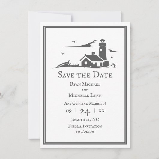 Leuchtturm und Boot Nautical Sea Beach Hochzeit Save The Date (Vorderseite)