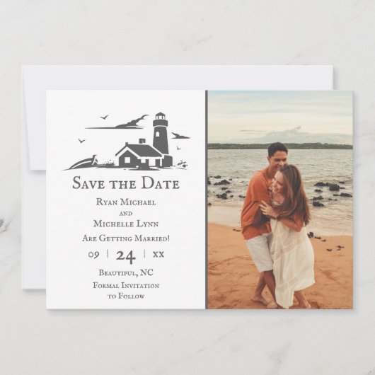 Leuchtturm und Boot Nautical Sea Beach Hochzeit Save The Date (Vorderseite)