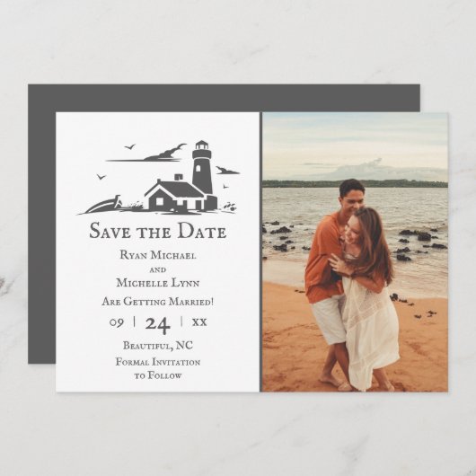 Leuchtturm und Boot Nautical Sea Beach Hochzeit Save The Date (Vorne/Hinten)