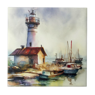 Leuchtturm und Boote Wasserfarben Kunst, Dichtung Fliese