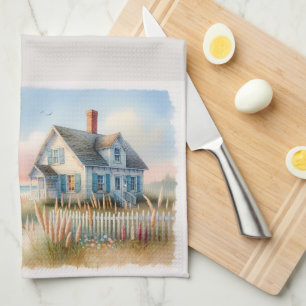 Leuchtturm und Cottage am Meer - Aquarellszene Geschirrtuch