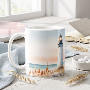 Leuchtturm und Cottage am Meer Aquarellszene Kaffeetasse