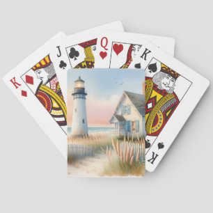 Leuchtturm und Cottage am Meer - Aquarellszene Spielkarten
