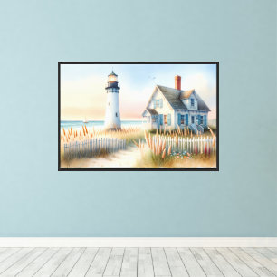 Leuchtturm und Cottage am Meer - Wasserfarben Szen Leinwanddruck