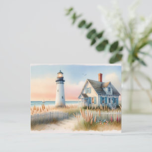 Leuchtturm und Cottage am Meer - Wasserfarben Szen Postkarte