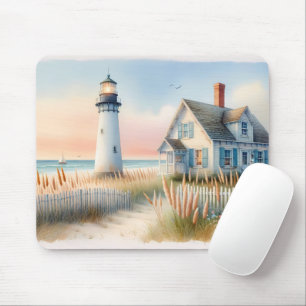 Leuchtturm und Cottage am Meer Wasserfarben Szene Mousepad