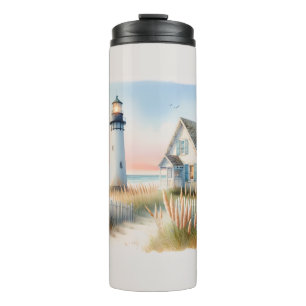 Leuchtturm und Cottage am Meer Wasserfarben-Szene Thermosbecher