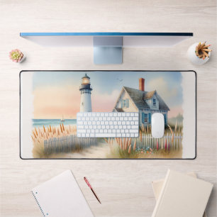 Leuchtturm und Cottage-Wasserfarben-Szene am Meer Schreibtischunterlage