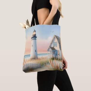 Leuchtturm und Cottage-Wasserfarben-Szene am Meer Tasche