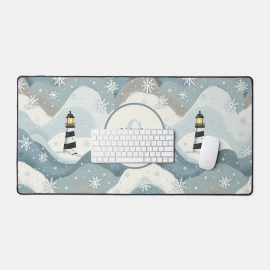 Leuchtturm und Eiswaves Winter Nautical Monogram Schreibtischunterlage (Tastatur & Maus)
