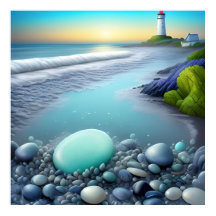 Leuchtturm und farbenfrohe Kieselsteine beim Sonne