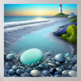 Leuchtturm und farbenfrohe Kieselsteine beim Sonne Poster