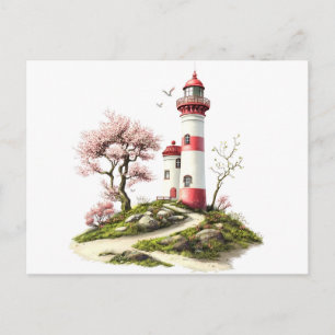 Leuchtturm und Kirschblüten Wasserfarben Postkarte