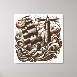 Leuchtturm und Schiff auf dem Meer - Vintage Gravu Leinwanddruck