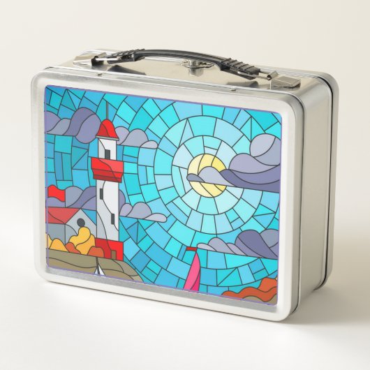 Leuchtturm und Schiffe in Rot und Weiß Metall Brotdose (Rückseite)